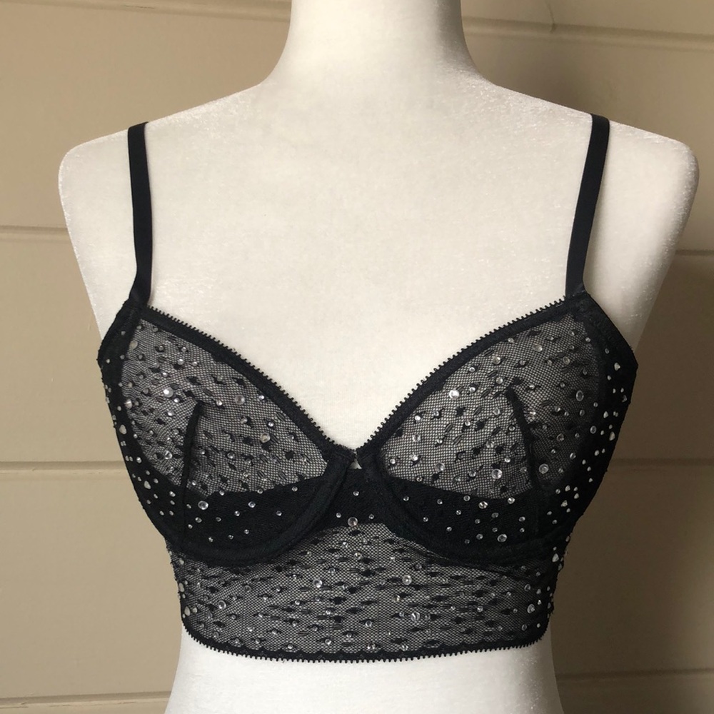 Custom Made Rhinestone Embellished Lace Underwire Longline Bra Size 32C